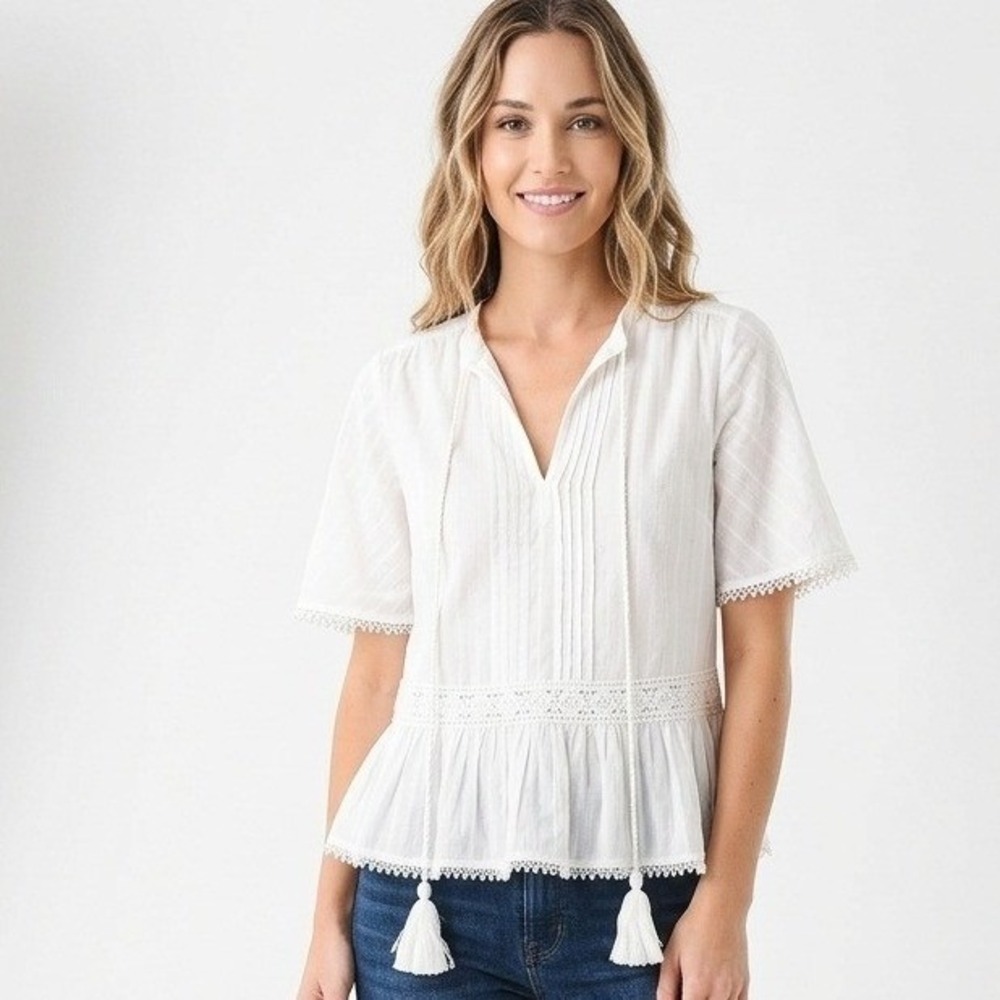 Roller Rabbit Cotton Peplum Blouse Tassel Crochet Lace Trim White Size S